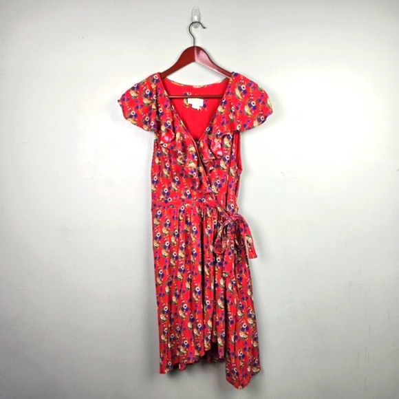 MAEVE BY ANTHROPOLOGIE Rosalia‎ Wrap Dress Ruffled Floral Red Womens Size 12 - Picture 3 of 16